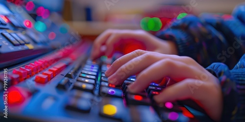 Close-up of a student's hands using an adaptive keyboard designed for learners with motor skill challenges in a school setting