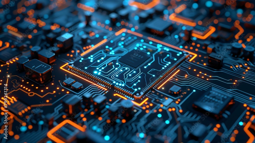 Blue neon circuit board pattern for a high-tech wallpaper design Blue neon circuit board pattern for a high-tech wallpaper design