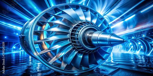 An image of a fictional jet engine turbine with dynamic lighting effects, demonstrating technological excellence. photo