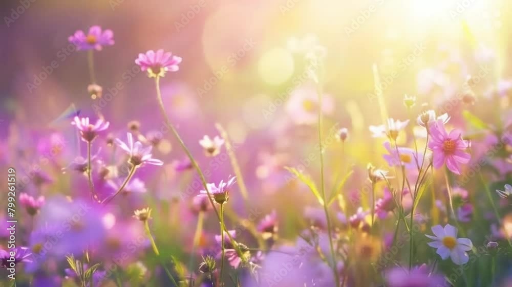 Beautiful field of purple flowers in spring, sunny day, closeup of a beautiful meadow with pink and yellow wildflowers, blurred with sunlight rays and natural lighting.