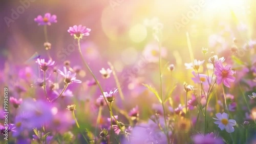 Beautiful field of purple flowers in spring, sunny day, closeup of a beautiful meadow with pink and yellow wildflowers, blurred with sunlight rays and natural lighting.