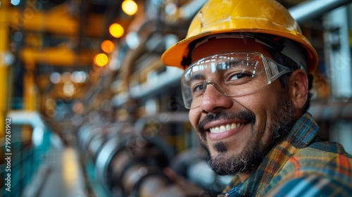 Portrait of a smiling hispanic worker wearing a hard hat and safety glasses standing in a factory,Smiling Hispanic Worker in Factory: Skilled Labor and Manufacturing Industry