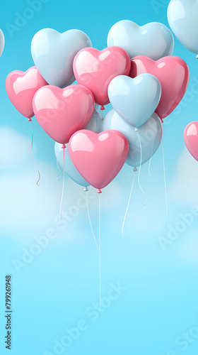 Valentine s Day background with heart shaped balloons on light blue background