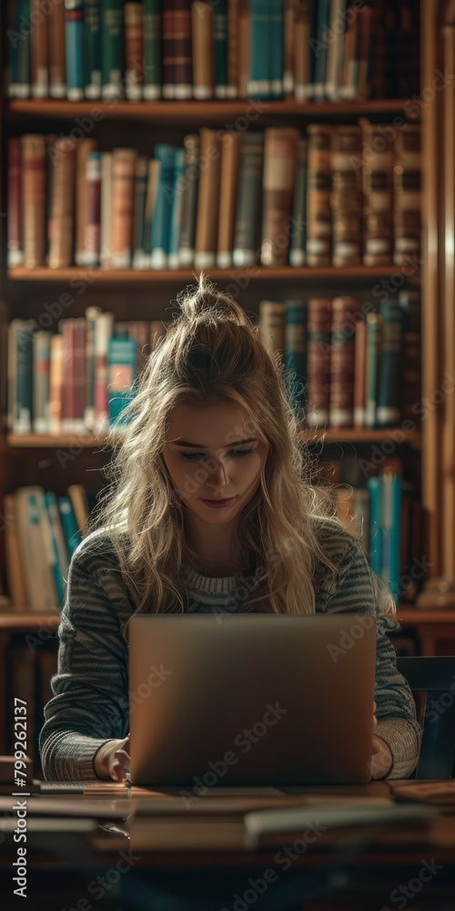 Medium shot of a student accessing study materials from cloud storage on her laptop in a university library Medium shot of a student accessing study materials from cloud storage on her laptop in a university library