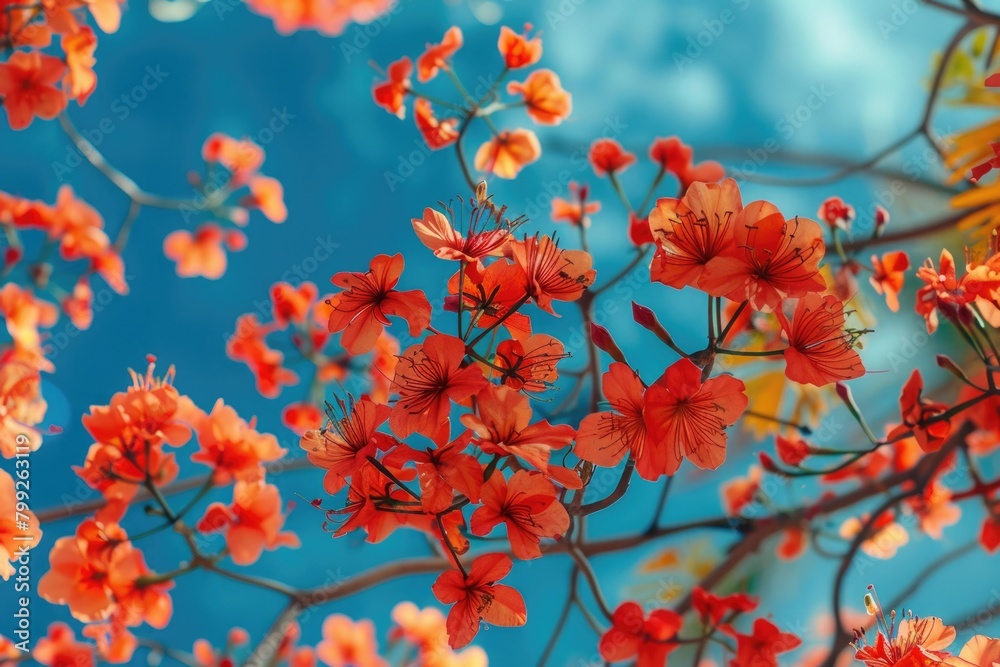 Closeup Beauty of Delonix Regia Blossom on Blue Botanical Background