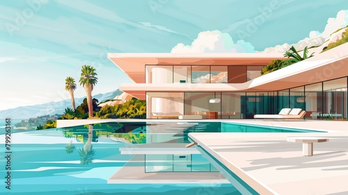 AI-generated illustration of a minimalist luxury villa, featuring clean lines and modern architecture, set in a serene landscape