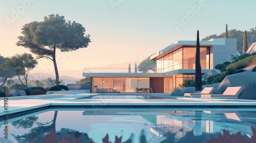 AI-generated illustration of a minimalist luxury villa  featuring clean lines and modern architecture  set in a serene landscape