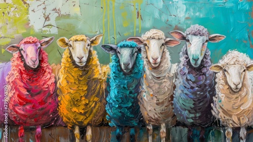 An eclectic collection of sheep portraits painted in a range of colors, capturing the playful and diverse essence of various breeds
