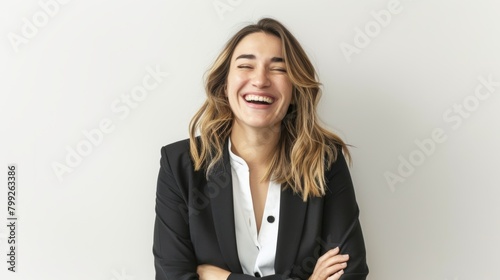 Happy Business Woman Laughing on White Background Generative AI