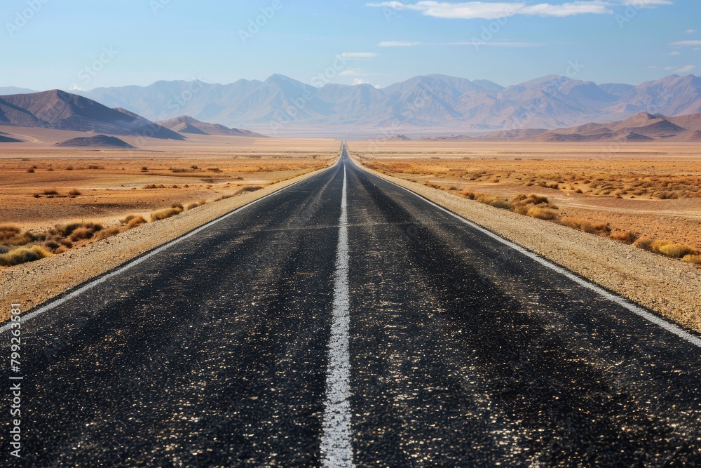 Fototapeta premium Halfway There on Desert Road. Journeying towards Success, Completing Objectives, and Achieving