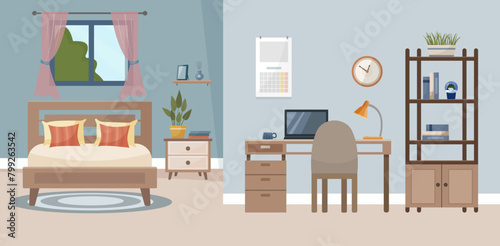 Interior of a bedroom and study. Cozy bedroom. Vector cartoon of a bright room with a double bed and a study.