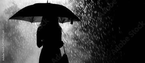 Silhouette of a man carrying an umbrella during heavy rain