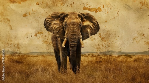 Elefante. Traditional Kenyan and Tanzanian Art of Masai Inspired Elephant in Wild Safari Background photo