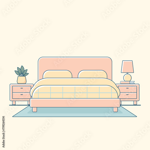 Flat illustration of minimal bedroom interior with bed and side tables, vector illustration