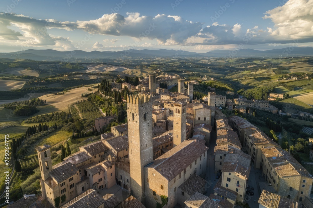 Fototapeta premium Scenic Aerial View of the Towering Hill Town's Skyline, a UNESCO World