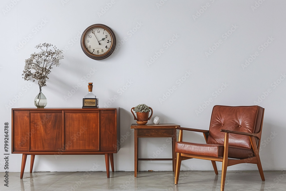 Picture of Vintage wooden furniture setup in a minimalist room with decorative ...