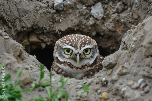 Funny Burrowing Owl Tilting Its Head Curiously Outside Its Burrow - Adorable Bird of Prey © Popelniushka