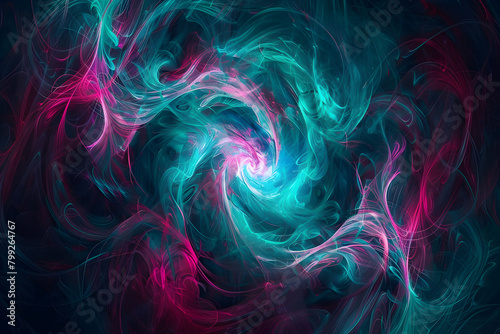 Radiant neon galaxy with swirling colors of teal and pink. Futuristic abstract artwork on black background.