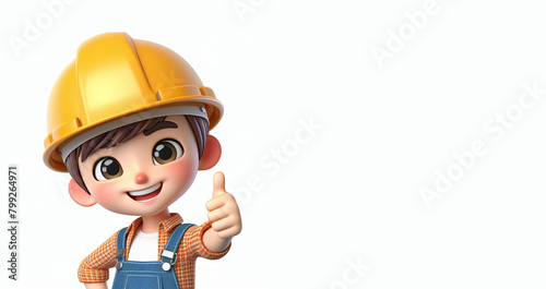 3D cartoon character of a smiling construction worker, isolated on white background with copy space