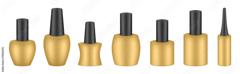 Obraz premium UV gel nail polish bottles. Set of black and gold bottles. Nail laquer or uv gel. Realistic packaging mockup. Manicure kit 