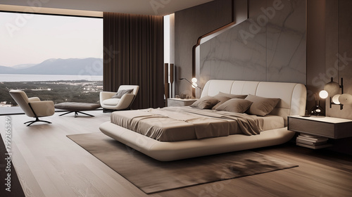 Luxurious interior of a modern bedroom.
