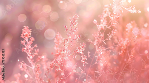 Soft coral-pink particles float serenely against a blurred backdrop, imbuing the scene with a sense of gentle romance and tranquility.
