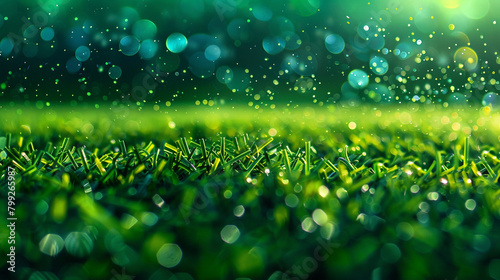 Soccer field with vibrant green particles swirling against a blurred backdrop, reflecting the energy and excitement of a soccer match in progress.