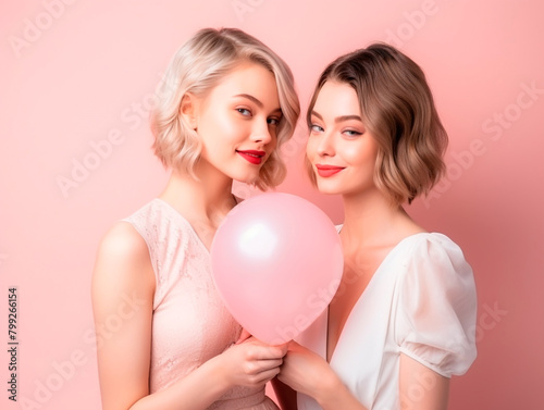 Two lesbian women holding heart shaped balloon  LGBT  pride  happy  feminine  valentine s day  pink background.