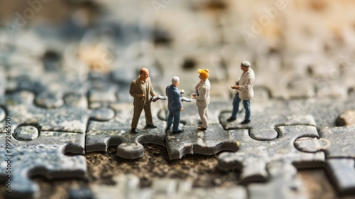 The miniature varies group of employed people that standing still on the uncompleted jigsaw board trying to work together to find the solution for the problem that they talking to each other. AIGX03.