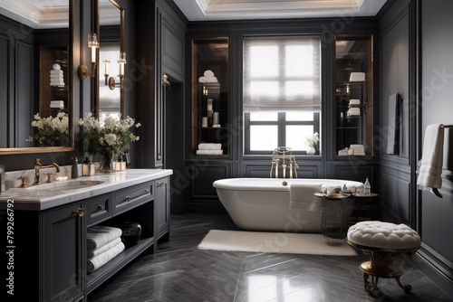 A bathroom in the transitional style that expertly combines parts of the old and new.