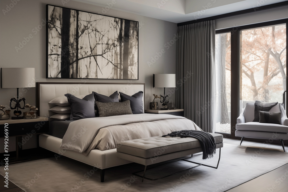 A bedroom in the transitional style that expertly combines parts of the old and new.