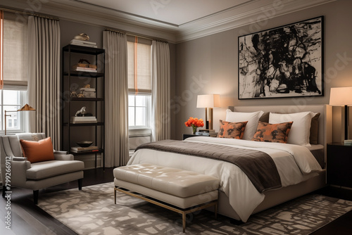 A bedroom in the transitional style that expertly combines parts of the old and new.