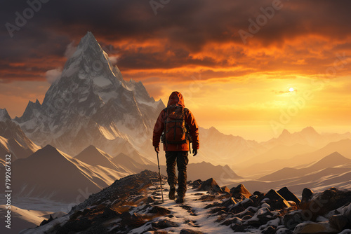 Nature, hobbies and leisure, travel, exploration, states of mind concept. Man with backpack hiking in mountains. Majestic and breathtaking view of the mountains. Man looking to horizon photo