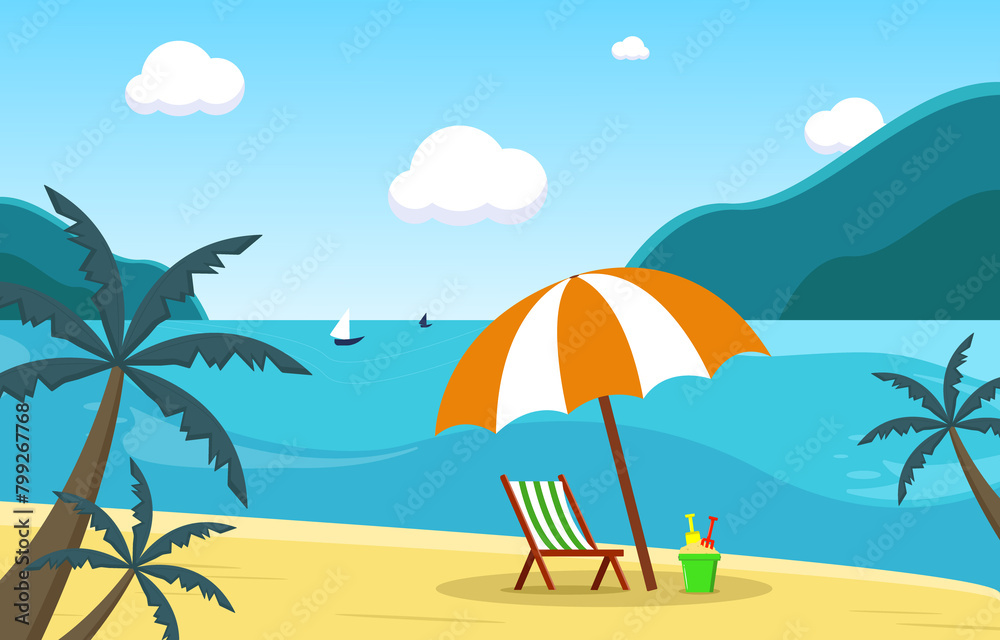 Summer beach holiday at sea. Recreation equipment. Vector illustration.