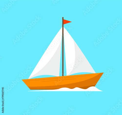 Holidays at sea. A boat with sails floating on the waves. Vector illustration.