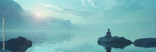 Serene and Minimalist Landscape with Lone Figure on Rocky Outcrop Reflecting Tranquil Mountain Lake and Moody Skies