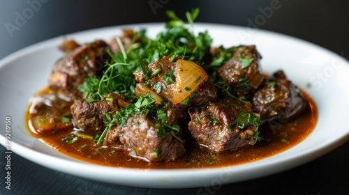 Savory georgian chakapuli stew with tender lamb, fresh herbs, and tangy plums served in a white dish on a dark table