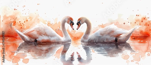 A pair of affectionate swans gliding across a tranquil lake.watercolor storybook illustration