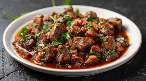 Georgian-style stewed meat dish with fresh parsley and herbs, presented on a white plate against a dark backdrop