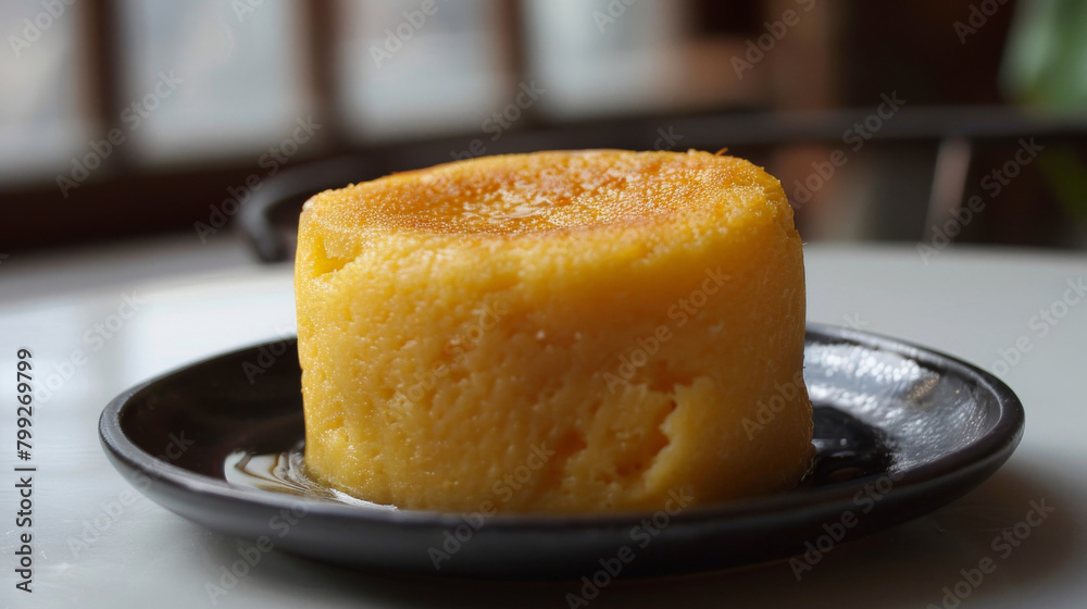 Close-up of a delectable traditional georgian cornbread, mchadi, presented on a dark ceramic plate against a textured backdrop Close-up of a delectable traditional georgian cornbread, mchadi, presented on a dark ceramic plate against a textured backdrop