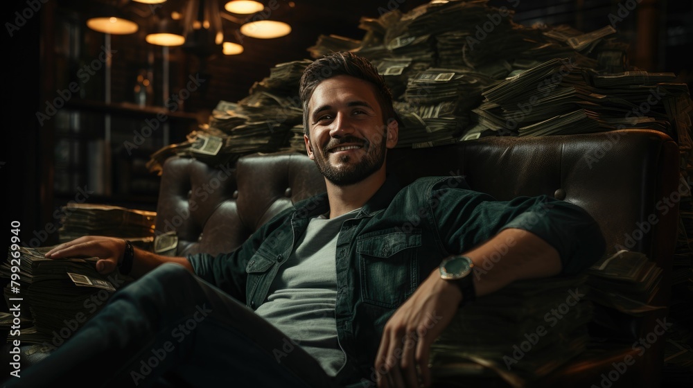 Casual yet affluent young man relaxing on a couch with stacks of money, confident smile, living a lavish lifestyle