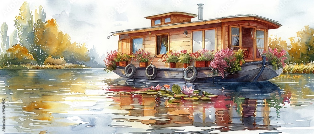 Houseboat A picturesque houseboat floating on calm waters