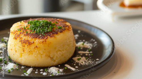 Delectable serving of elarji, traditional georgian cornmeal dish, garnished with fresh chives and svanetian salt on a black plate photo