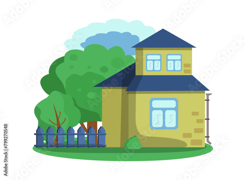 Country cottage with trees and fence.  Cartoon house outside, house with garden, building. Vector illustration of the front side of house. Real estate or private rural house.