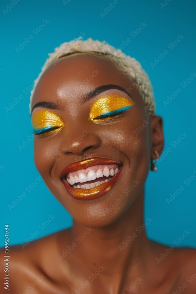 Funny beauty, aesthetic, and face cosmetics jokes make makeup picture, eyeliner, and black women giggle. Skincare studio, close-up face or African laughing on blue background