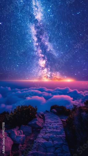 Celestial Majesty  Capturing the Serene Cloudscape Beneath the Starry Galaxy