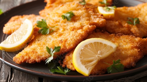 Close-up of Cotoletta alla Milanese on a plate, crisply fried, accompanied by fresh lemon wedges and parsley garnish, high-resolution image