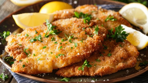 Close-up of Cotoletta alla Milanese on a plate, crisply fried, accompanied by fresh lemon wedges and parsley garnish, high-resolution image