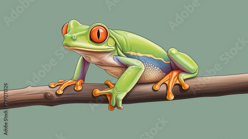 Close-up portrayal of a red-eyed tree frog in a watercolor style, emphasizing its bright eyes and graceful pose on a green stalk, water color, drawing style, isolated clear background