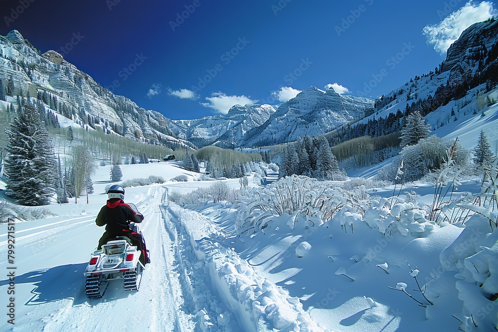 Man Riding Snowmobile on Snow Covered Road